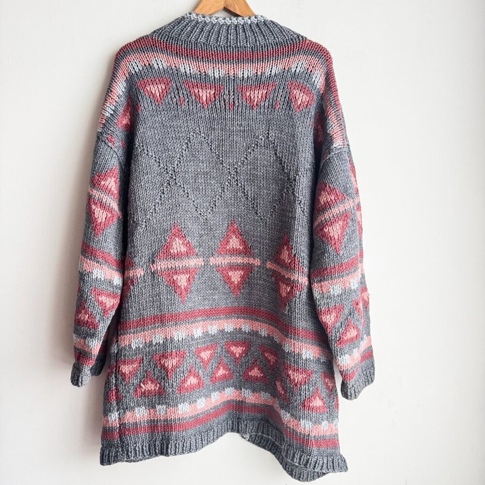 Vintage Handmade Grey Pink Southwestern Print Open Front Cardigan L
